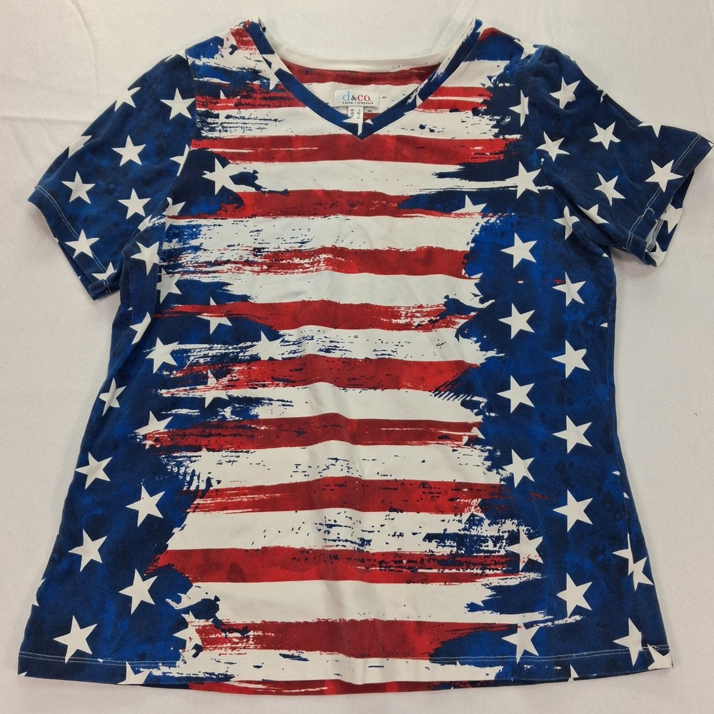 Denim & Co. T-Shirt Womens Large Patriotic Stars Stripes Red White Blue EUC
